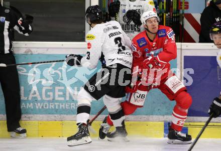 EBEL. Eishockey Bundesliga. KAC gegen	Dornbirn Bulldogs. Nicholas Eric Petersen,  (KAC), Jesper kokkila (Dornbirn). Klagenfurt, am 9.11.2020.
Foto: Kuess
www.qspictures.net

---
pressefotos, pressefotografie, kuess, qs, qspictures, sport, bild, bilder, bilddatenbank