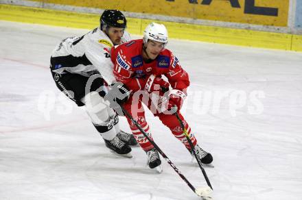 EBEL. Eishockey Bundesliga. KAC gegen	Dornbirn Bulldogs. Lukas Haudum,  (KAC), Andrew Michael Yogan (Dornbirn). Klagenfurt, am 9.11.2020.
Foto: Kuess
www.qspictures.net

---
pressefotos, pressefotografie, kuess, qs, qspictures, sport, bild, bilder, bilddatenbank