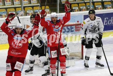 EBEL. Eishockey Bundesliga. KAC gegen	Dornbirn Bulldogs. Torjubel Manuel Ganahl, Thomas Hundertpfund (KAC). Klagenfurt, am 9.11.2020.
Foto: Kuess
www.qspictures.net

---
pressefotos, pressefotografie, kuess, qs, qspictures, sport, bild, bilder, bilddatenbank