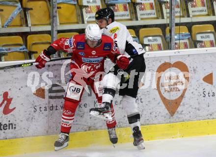 EBEL. Eishockey Bundesliga. KAC gegen	Dornbirn Bulldogs.  Stefan Geier,  (KAC), Matthew MacKenzie (Dornbirn). Klagenfurt, am 9.11.2020.
Foto: Kuess
www.qspictures.net

---
pressefotos, pressefotografie, kuess, qs, qspictures, sport, bild, bilder, bilddatenbank