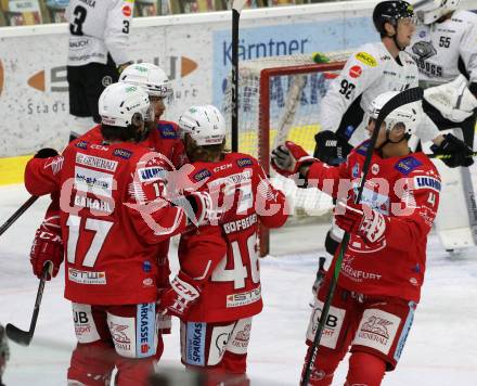 EBEL. Eishockey Bundesliga. KAC gegen	Dornbirn Bulldogs. Torjubel Manuel Ganahl, Thomas Hundertpfund, Johannes Bischofberger, Kele Steffler (KAC). Klagenfurt, am 9.11.2020.
Foto: Kuess
www.qspictures.net

---
pressefotos, pressefotografie, kuess, qs, qspictures, sport, bild, bilder, bilddatenbank