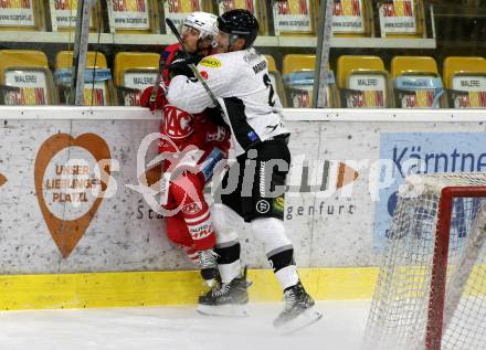 EBEL. Eishockey Bundesliga. KAC gegen	Dornbirn Bulldogs. Stefan Geier,  (KAC), Olivier Magnan (Dornbirn). Klagenfurt, am 9.11.2020.
Foto: Kuess
www.qspictures.net

---
pressefotos, pressefotografie, kuess, qs, qspictures, sport, bild, bilder, bilddatenbank
