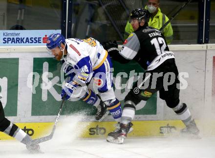 EBEL. Eishockey Bundesliga. VSV gegen Dornbirn Bulldogs.  Jamie Fraser, (VSV), Anton Leif Johan Straka  (Dornbirn). Villach, am 10.11.2020.
Foto: Kuess
www.qspictures.net
---
pressefotos, pressefotografie, kuess, qs, qspictures, sport, bild, bilder, bilddatenbank