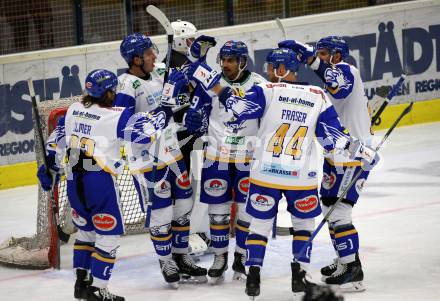 EBEL. Eishockey Bundesliga. VSV gegen Dornbirn Bulldogs. Torjubel Martin Ulmer, Sahir Gill, Kevin Schmidt,  Jamie Fraser,   (VSV). Villach, am 10.11.2020.
Foto: Kuess
www.qspictures.net
---
pressefotos, pressefotografie, kuess, qs, qspictures, sport, bild, bilder, bilddatenbank