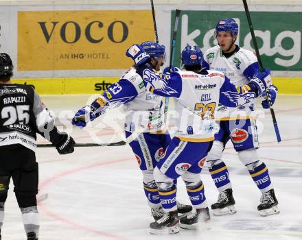 EBEL. Eishockey Bundesliga. VSV gegen Dornbirn Bulldogs. Torjubel Martin Ulmer, Jordan Caron, Sahir Gill  (VSV). Villach, am 10.11.2020.
Foto: Kuess
www.qspictures.net
---
pressefotos, pressefotografie, kuess, qs, qspictures, sport, bild, bilder, bilddatenbank