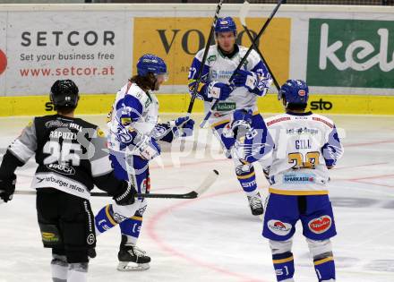 EBEL. Eishockey Bundesliga. VSV gegen Dornbirn Bulldogs. Torjubel Martin Ulmer, Jordan Caron, Sahir Gill  (VSV). Villach, am 10.11.2020.
Foto: Kuess
www.qspictures.net
---
pressefotos, pressefotografie, kuess, qs, qspictures, sport, bild, bilder, bilddatenbank