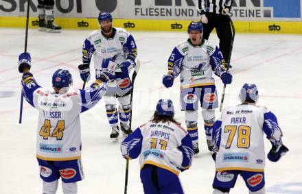 EBEL. Eishockey Bundesliga. VSV gegen Dornbirn Bulldogs.  Torjubel Kevin Schmidt, Benedikt Wohlfahrt, Jamie Fraser, Christof Wappis, Felix Maxa (VSV). Villach, am 10.11.2020.
Foto: Kuess
www.qspictures.net
---
pressefotos, pressefotografie, kuess, qs, qspictures, sport, bild, bilder, bilddatenbank