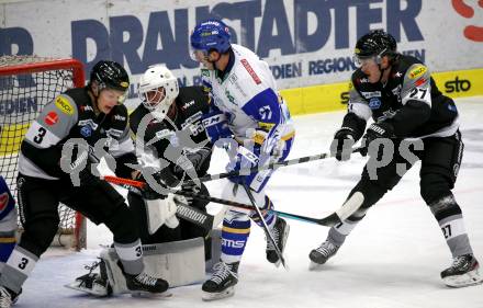 EBEL. Eishockey Bundesliga. VSV gegen Dornbirn Bulldogs. Jordan Caron  (VSV), Jesper Kokkila, Oskar Oestlund, Henrik Johan Nilsson (Dornbirn). Villach, am 10.11.2020.
Foto: Kuess
www.qspictures.net
---
pressefotos, pressefotografie, kuess, qs, qspictures, sport, bild, bilder, bilddatenbank