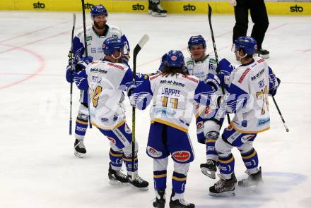 EBEL. Eishockey Bundesliga. VSV gegen Dornbirn Bulldogs.  Torjubel Kevin Schmidt, Benedikt Wohlfahrt, Jamie Fraser, Christof Wappis, Felix Maxa (VSV). Villach, am 10.11.2020.
Foto: Kuess
www.qspictures.net
---
pressefotos, pressefotografie, kuess, qs, qspictures, sport, bild, bilder, bilddatenbank