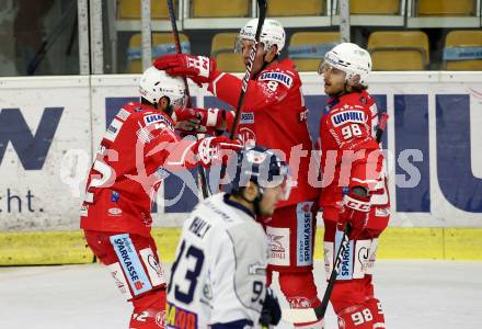 EBEL. Eishockey Bundesliga. KAC gegen	Hydro Fehervar AV 19. Torjubel Rok Ticar, Nicholas Eric Petersen, Daniel Obersteiner (KAC). Klagenfurt, am 12.11.2020.
Foto: Kuess
www.qspictures.net

---
pressefotos, pressefotografie, kuess, qs, qspictures, sport, bild, bilder, bilddatenbank