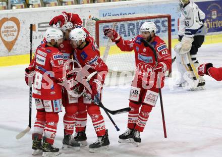 EBEL. Eishockey Bundesliga. KAC gegen	Hydro Fehervar AV 19. Torjubel Thomas Koch, Lukas Haudum, Nicholas Eric Petersen, Rok Ticar (KAC). Klagenfurt, am 12.11.2020.
Foto: Kuess
www.qspictures.net

---
pressefotos, pressefotografie, kuess, qs, qspictures, sport, bild, bilder, bilddatenbank