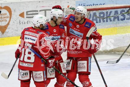 EBEL. Eishockey Bundesliga. KAC gegen	Hydro Fehervar AV 19. Torjubel Thomas Koch, Lukas Haudum, Nicholas Eric Petersen (KAC). Klagenfurt, am 12.11.2020.
Foto: Kuess
www.qspictures.net

---
pressefotos, pressefotografie, kuess, qs, qspictures, sport, bild, bilder, bilddatenbank