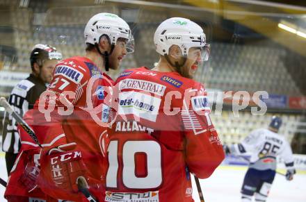 EBEL. Eishockey Bundesliga. KAC gegen	Hydro Fehervar AV 19. Torjubel Thomas Hundertpfund, Thomas Vallant (KAC). Klagenfurt, am 12.11.2020.
Foto: Kuess
www.qspictures.net

---
pressefotos, pressefotografie, kuess, qs, qspictures, sport, bild, bilder, bilddatenbank