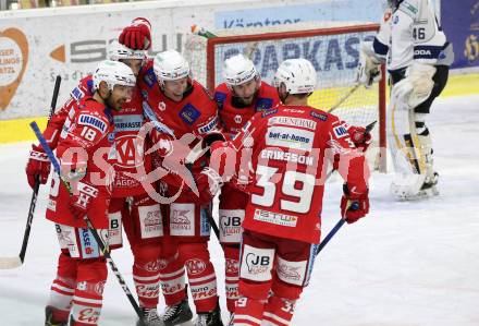 EBEL. Eishockey Bundesliga. KAC gegen	Hydro Fehervar AV 19. Torjubel Thomas Koch, Lukas Haudum, Nicholas Eric Petersen, Rok Ticar, Fredrik Eriksson (KAC). Klagenfurt, am 12.11.2020.
Foto: Kuess
www.qspictures.net

---
pressefotos, pressefotografie, kuess, qs, qspictures, sport, bild, bilder, bilddatenbank