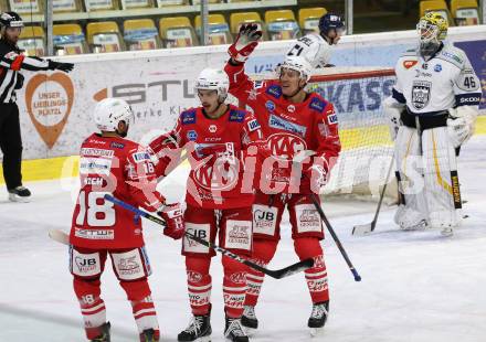EBEL. Eishockey Bundesliga. KAC gegen	Hydro Fehervar AV 19. Torjubel Thomas Koch, Lukas Haudum, Nicholas Eric Petersen (KAC). Klagenfurt, am 12.11.2020.
Foto: Kuess
www.qspictures.net

---
pressefotos, pressefotografie, kuess, qs, qspictures, sport, bild, bilder, bilddatenbank