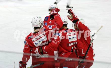EBEL. Eishockey Bundesliga. KAC gegen	Hydro Fehervar AV 19. Torjubel Lukas Haudum, Manuel Geier, Kele Steffler, Thomas Vallant (KAC). Klagenfurt, am 12.11.2020.
Foto: Kuess
www.qspictures.net

---
pressefotos, pressefotografie, kuess, qs, qspictures, sport, bild, bilder, bilddatenbank