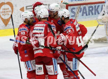 EBEL. Eishockey Bundesliga. KAC gegen	Hydro Fehervar AV 19. Torjubel Thomas Koch, Lukas Haudum, Nicholas Eric Petersen, Rok Ticar, Fredrik Eriksson (KAC). Klagenfurt, am 12.11.2020.
Foto: Kuess
www.qspictures.net

---
pressefotos, pressefotografie, kuess, qs, qspictures, sport, bild, bilder, bilddatenbank