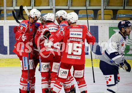 EBEL. Eishockey Bundesliga. KAC gegen	Hydro Fehervar AV 19. Torjubel Rok Ticar, Nicholas Eric Petersen, Daniel Obersteiner, Clemens Unterweger, Blaz Gregorc (KAC). Klagenfurt, am 12.11.2020.
Foto: Kuess
www.qspictures.net

---
pressefotos, pressefotografie, kuess, qs, qspictures, sport, bild, bilder, bilddatenbank