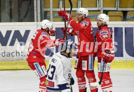 EBEL. Eishockey Bundesliga. KAC gegen	Hydro Fehervar AV 19.  Torjubel Rok Ticar, Nicholas Eric Petersen, Daniel Obersteiner (KAC). Klagenfurt, am 12.11.2020.
Foto: Kuess
www.qspictures.net

---
pressefotos, pressefotografie, kuess, qs, qspictures, sport, bild, bilder, bilddatenbank
