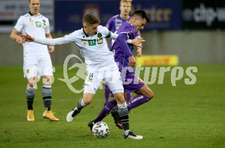 Fussball 2. Liga. SK Austria Klagenfurt gegen FC Wacker Innsbruck.  Darijo Pecirep (Klagenfurt), Lukas Hupfauf  (Innsbruck). Klagenfurt, am 20.11.2020.
Foto: Kuess
www.qspictures.net
---
pressefotos, pressefotografie, kuess, qs, qspictures, sport, bild, bilder, bilddatenbank
