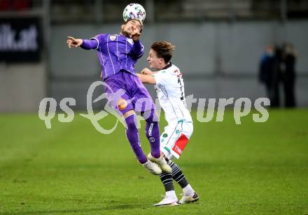 Fussball 2. Liga. SK Austria Klagenfurt gegen FC Wacker Innsbruck.  Maximiliano Moreira Romero (Klagenfurt), Raphael Galle (Innsbruck). Klagenfurt, am 20.11.2020.
Foto: Kuess
www.qspictures.net
---
pressefotos, pressefotografie, kuess, qs, qspictures, sport, bild, bilder, bilddatenbank