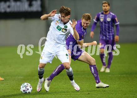 Fussball 2. Liga. SK Austria Klagenfurt gegen FC Wacker Innsbruck. Markus Rusek (Klagenfurt), Raphael Galle  (Innsbruck). Klagenfurt, am 20.11.2020.
Foto: Kuess
www.qspictures.net
---
pressefotos, pressefotografie, kuess, qs, qspictures, sport, bild, bilder, bilddatenbank