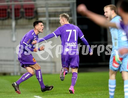 Fussball 2. Liga. SK Austria Klagenfurt gegen FC Wacker Innsbruck.  Torjubel Darijo Pecirep, Benjamin Hadzic (Klagenfurt). Klagenfurt, am 20.11.2020.
Foto: Kuess
www.qspictures.net
---
pressefotos, pressefotografie, kuess, qs, qspictures, sport, bild, bilder, bilddatenbank