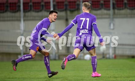 Fussball 2. Liga. SK Austria Klagenfurt gegen FC Wacker Innsbruck.  Torjubel Darijo Pecirep, Benjamin Hadzic (Klagenfurt). Klagenfurt, am 20.11.2020.
Foto: Kuess
www.qspictures.net
---
pressefotos, pressefotografie, kuess, qs, qspictures, sport, bild, bilder, bilddatenbank