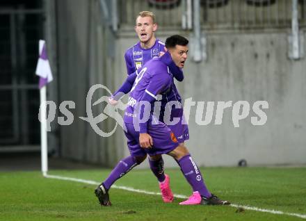 Fussball 2. Liga. SK Austria Klagenfurt gegen FC Wacker Innsbruck.  Torjubel Darijo Pecirep, Benjamin Hadzic (Klagenfurt). Klagenfurt, am 20.11.2020.
Foto: Kuess
www.qspictures.net
---
pressefotos, pressefotografie, kuess, qs, qspictures, sport, bild, bilder, bilddatenbank