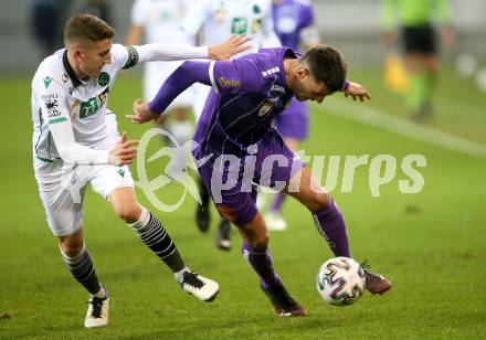 Fussball 2. Liga. SK Austria Klagenfurt gegen FC Wacker Innsbruck.  Darijo Pecirep (Klagenfurt), Lukas Hupfauf  (Innsbruck). Klagenfurt, am 20.11.2020.
Foto: Kuess
www.qspictures.net
---
pressefotos, pressefotografie, kuess, qs, qspictures, sport, bild, bilder, bilddatenbank