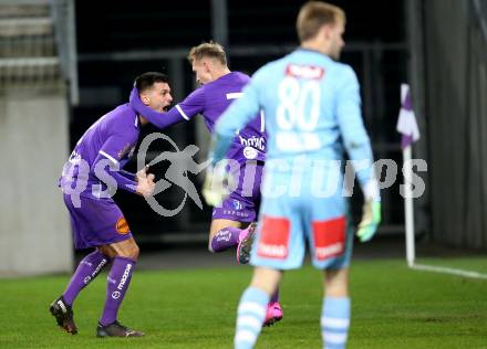 Fussball 2. Liga. SK Austria Klagenfurt gegen FC Wacker Innsbruck.  Torjubel Darijo Pecirep, Benjamin Hadzic (Klagenfurt). Klagenfurt, am 20.11.2020.
Foto: Kuess
www.qspictures.net
---
pressefotos, pressefotografie, kuess, qs, qspictures, sport, bild, bilder, bilddatenbank