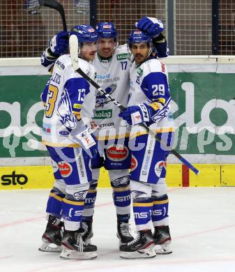 EBEL. Eishockey Bundesliga. VSV gegen spusu Vienna Capitals.  Torjubel Chris Collins, Scott Kosmachuk, Sahir Gill (VSV). Villach, am 21.11.2020.
Foto: Kuess
www.qspictures.net
---
pressefotos, pressefotografie, kuess, qs, qspictures, sport, bild, bilder, bilddatenbank