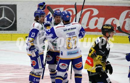EBEL. Eishockey Bundesliga. VSV gegen spusu Vienna Capitals. Torjubel Chris Collins, Scott Kosmachuk, Jordan Caron  (VSV). Villach, am 21.11.2020.
Foto: Kuess
www.qspictures.net
---
pressefotos, pressefotografie, kuess, qs, qspictures, sport, bild, bilder, bilddatenbank