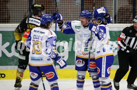 EBEL. Eishockey Bundesliga. VSV gegen spusu Vienna Capitals.  Torjubel Chris Collins, Scott Kosmachuk, Sahir Gill (VSV). Villach, am 21.11.2020.
Foto: Kuess
www.qspictures.net
---
pressefotos, pressefotografie, kuess, qs, qspictures, sport, bild, bilder, bilddatenbank