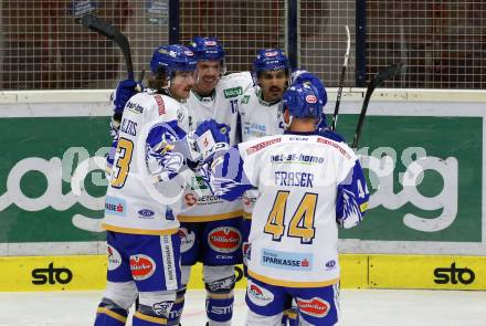 EBEL. Eishockey Bundesliga. VSV gegen spusu Vienna Capitals.  Torjubel Chris Collins, Scott Kosmachuk, Sahir Gill, Jamie Fraser (VSV). Villach, am 21.11.2020.
Foto: Kuess
www.qspictures.net
---
pressefotos, pressefotografie, kuess, qs, qspictures, sport, bild, bilder, bilddatenbank