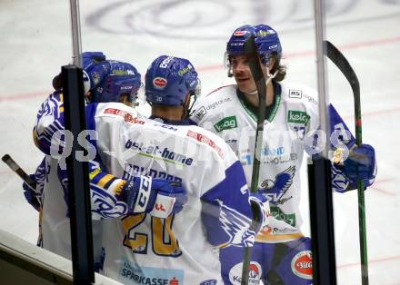 EBEL. Eishockey Bundesliga. VSV gegen spusu Vienna Capitals. Torjubel Benjamin Lanzinger, Nico Brunner, Chris Collins  (VSV). Villach, am 21.11.2020.
Foto: Kuess
www.qspictures.net
---
pressefotos, pressefotografie, kuess, qs, qspictures, sport, bild, bilder, bilddatenbank