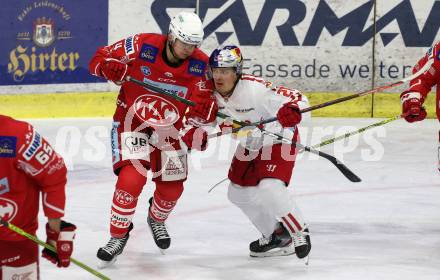 EBEL. Eishockey Bundesliga. KAC gegen	EC Red Bull Salzburg. Kele Steffler,  (KAC), Yannic Pilloni (Salzburg). Klagenfurt, am 22.11.2020.
Foto: Kuess
www.qspictures.net

---
pressefotos, pressefotografie, kuess, qs, qspictures, sport, bild, bilder, bilddatenbank