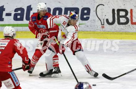 EBEL. Eishockey Bundesliga. KAC gegen	EC Red Bull Salzburg. Kele Steffler,  (KAC), Paul Huber (Salzburg). Klagenfurt, am 22.11.2020.
Foto: Kuess
www.qspictures.net

---
pressefotos, pressefotografie, kuess, qs, qspictures, sport, bild, bilder, bilddatenbank