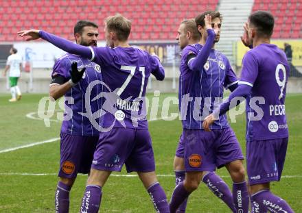 Fussball 2. Liga. SK Austria Klagenfurt gegen  SC Austria Lustenau.  Torjubel Kosmas Gkezos, Benjamin Hadzic, Thorsten Mahrer, Darijo Pecirep,  (Klagenfurt). Klagenfurt, am 29.11.2020.
Foto: Kuess
www.qspictures.net
---
pressefotos, pressefotografie, kuess, qs, qspictures, sport, bild, bilder, bilddatenbank