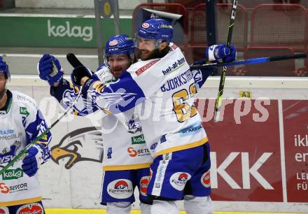 EBEL. Eishockey Bundesliga. VSV gegen KAC.  Torjubel Christof Wappis, Patrick Bjorkstrand (VSV). Villach, am 1.12.2020.
Foto: Kuess
www.qspictures.net
---
pressefotos, pressefotografie, kuess, qs, qspictures, sport, bild, bilder, bilddatenbank