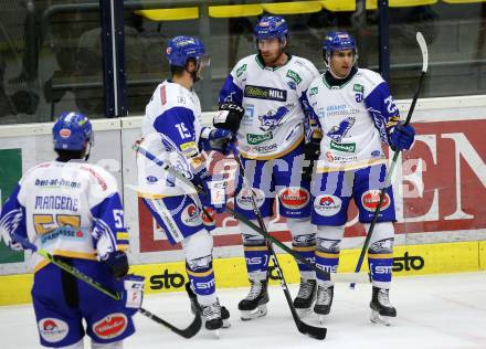 EBEL. Eishockey Bundesliga. VSV gegen Bratislava Capitals. Torjubel Matt Mangene, Stefan Bacher, Michael Raffl, Sahir Gill  (VSV). Villach, am 8.12.2020.
Foto: Kuess
www.qspictures.net
---
pressefotos, pressefotografie, kuess, qs, qspictures, sport, bild, bilder, bilddatenbank