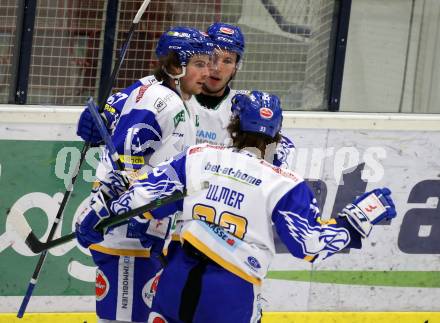 EBEL. Eishockey Bundesliga. VSV gegen Hydro Fehervar AV 19.  Torjubel Chris Collins, Jordan Caron, Martin Ulmer (VSV). Villach, am 10.12.2020.
Foto: Kuess
www.qspictures.net
---
pressefotos, pressefotografie, kuess, qs, qspictures, sport, bild, bilder, bilddatenbank