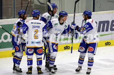 EBEL. Eishockey Bundesliga. VSV gegen Hydro Fehervar AV 19.  Torjubel Chris Collins, Jordan Caron, Martin Ulmer, Sebastian Zauner, Matt Mangene (VSV). Villach, am 10.12.2020.
Foto: Kuess
www.qspictures.net
---
pressefotos, pressefotografie, kuess, qs, qspictures, sport, bild, bilder, bilddatenbank