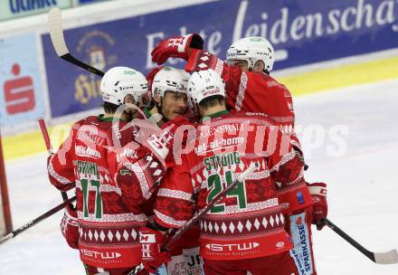 EBEL. Eishockey Bundesliga. KAC gegen	spusu Bratislava Capitals. Torjubel  Manuel Geier, Manuel Ganahl,  Steven Strong ,  Lukas Haudum  (KAC). Klagenfurt, am 13.12.2020.
Foto: Kuess
www.qspictures.net

---
pressefotos, pressefotografie, kuess, qs, qspictures, sport, bild, bilder, bilddatenbank