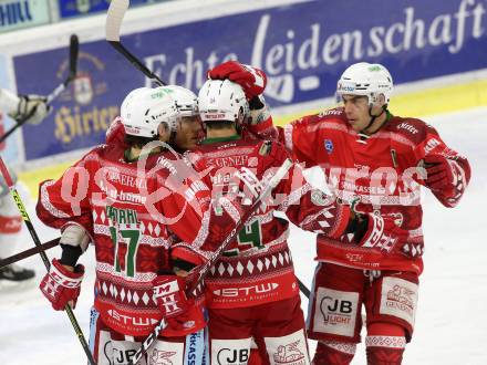 EBEL. Eishockey Bundesliga. KAC gegen	spusu Bratislava Capitals. Torjubel  Manuel Geier, Manuel Ganahl,  Steven Strong ,  Lukas Haudum  (KAC). Klagenfurt, am 13.12.2020.
Foto: Kuess
www.qspictures.net

---
pressefotos, pressefotografie, kuess, qs, qspictures, sport, bild, bilder, bilddatenbank