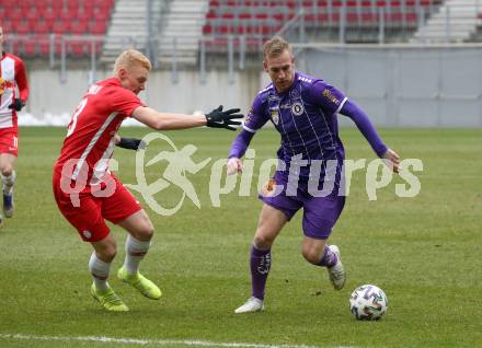 Fussball 2. Liga. SK Austria Klagenfurt gegen  FC Liefering. Florian Jaritz (Klagenfurt), Nicolas Seiwald (Liefering). Klagenfurt, am 13.12.2020.
Foto: Kuess
www.qspictures.net
---
pressefotos, pressefotografie, kuess, qs, qspictures, sport, bild, bilder, bilddatenbank