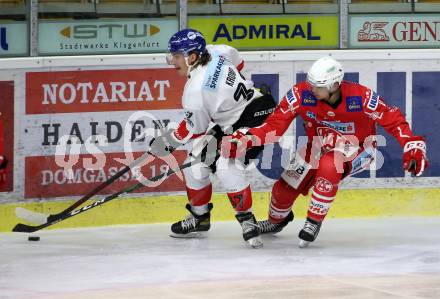 EBEL. Eishockey Bundesliga. KAC gegen	HC TIWAG Innsbruck. Kele Steffler, (KAC), Christof Kromp  (Innsbruck). Klagenfurt, am 20.12.2020.
Foto: Kuess
www.qspictures.net

---
pressefotos, pressefotografie, kuess, qs, qspictures, sport, bild, bilder, bilddatenbank