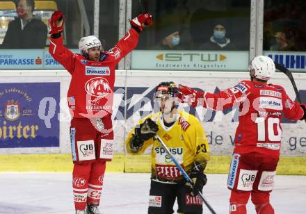 EBEL. Eishockey Bundesliga. KAC gegen	spusu Vienna Capitals. Torjubel Dennis Sticha, Thomas Vallant (KAC). Klagenfurt, am 22.12.2020.
Foto: Kuess
www.qspictures.net

---
pressefotos, pressefotografie, kuess, qs, qspictures, sport, bild, bilder, bilddatenbank