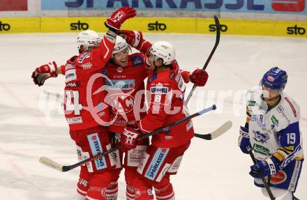 EBEL. Eishockey Bundesliga. VSV gegen KAC.  Torjubel Paul Postma, Matthew Fraser, Nicholas Eric Petersen (KAC). Villach, am 28.12.2020.
Foto: Kuess
www.qspictures.net
---
pressefotos, pressefotografie, kuess, qs, qspictures, sport, bild, bilder, bilddatenbank