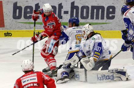 EBEL. Eishockey Bundesliga. VSV gegen KAC.  Kristers Gudlevskis, Jordan Caron,  (VSV), Paul Postma (KAC). Villach, am 28.12.2020.
Foto: Kuess
www.qspictures.net
---
pressefotos, pressefotografie, kuess, qs, qspictures, sport, bild, bilder, bilddatenbank